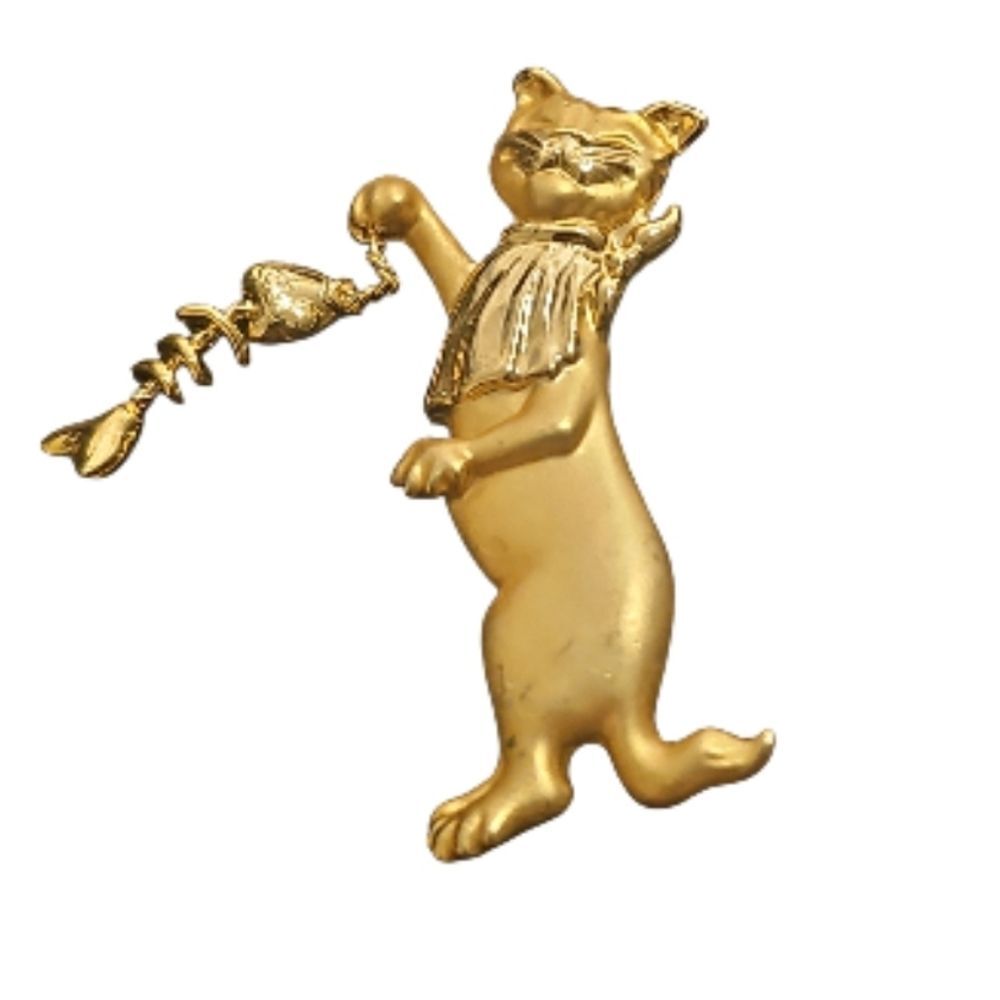 2.5" Vintage Signed Cat & Fish Dangle Golden Brooch Pin